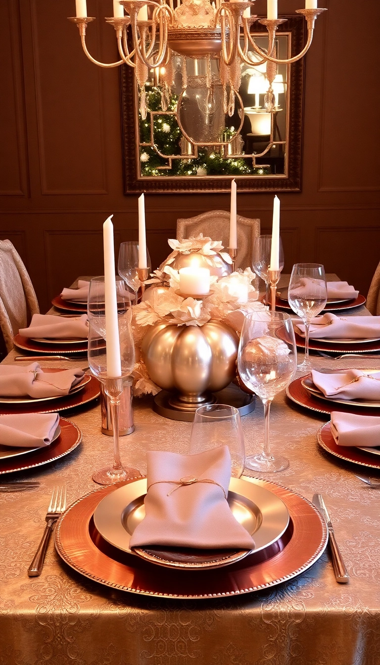 26 Stunning Thanksgiving Dinner Table Setting Ideas That Will Elevate Your Holiday Experience! - 16. Metallic Allure