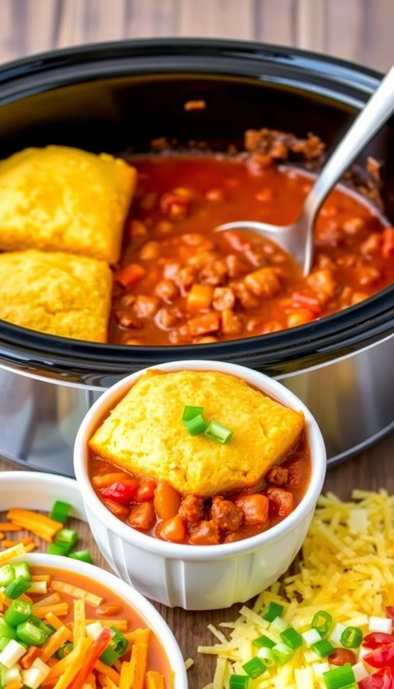 35 Crock Pot Chili Ideas That Will Make Dinner a Breeze Tonight! - Chili with Cornbread Topping