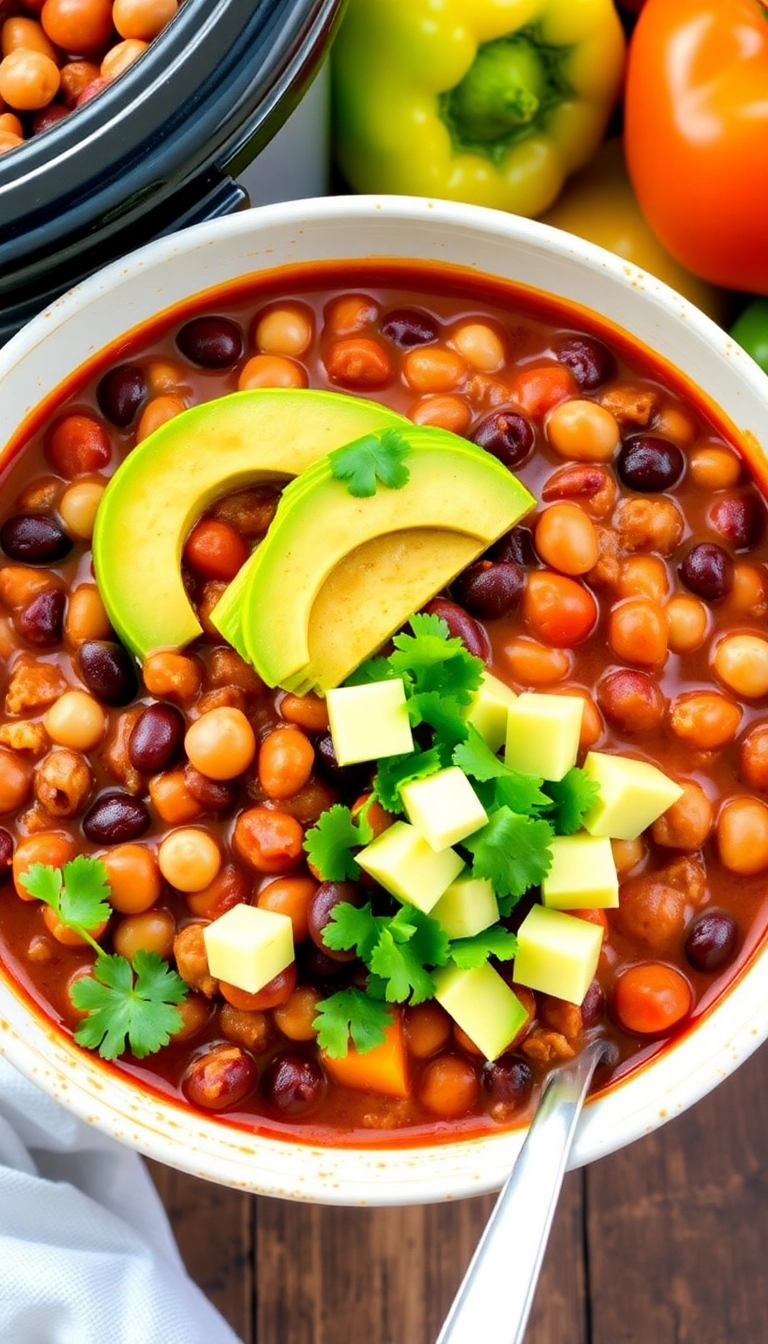 35 Crock Pot Chili Ideas That Will Make Dinner a Breeze Tonight! - Vegetarian Three-Bean Chili