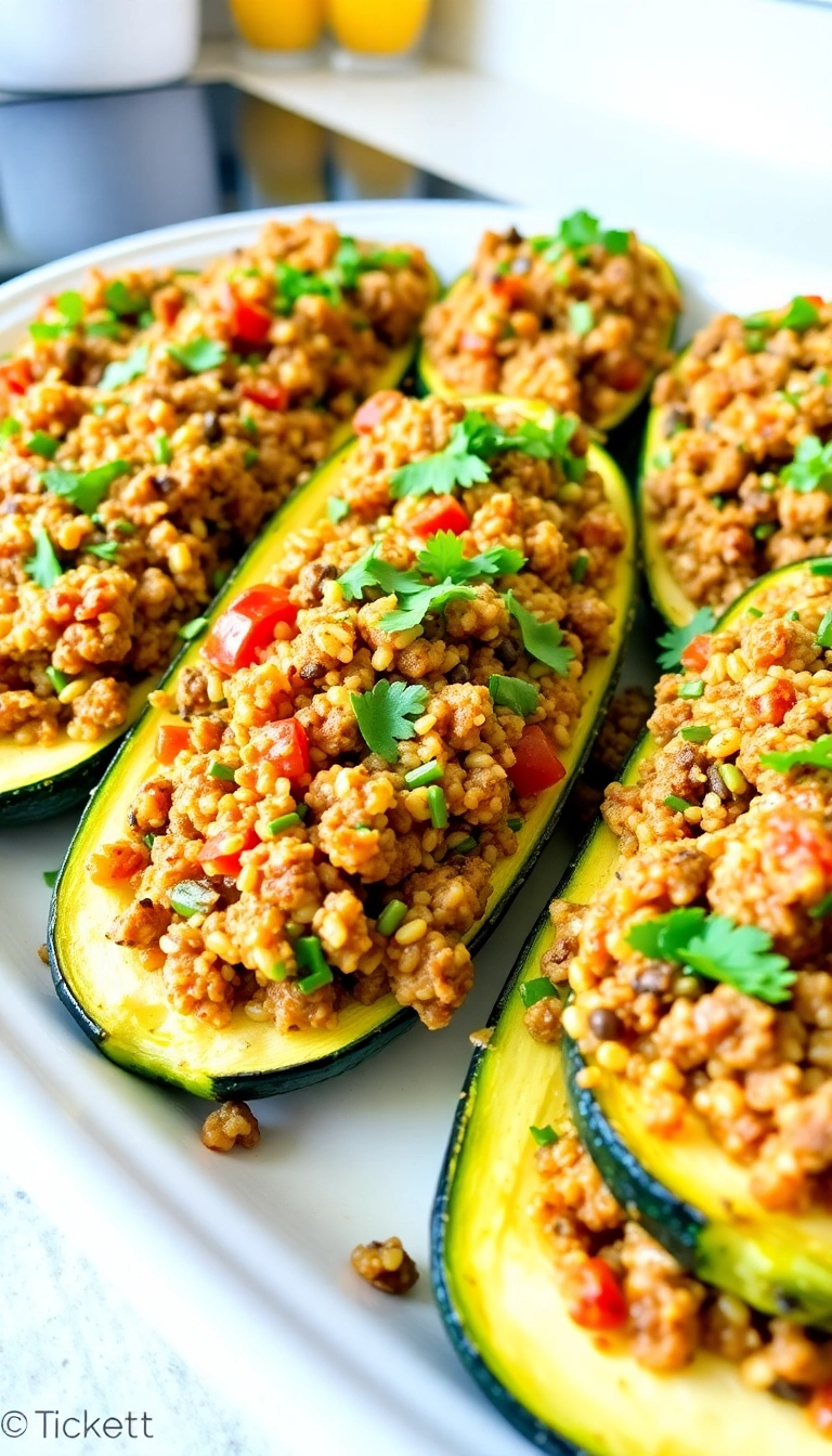 27 Healthy Ground Beef Meals You Can Feel Good About (Even #10 Is Guilt-Free!) - 9. Beef and Quinoa Stuffed Zucchini Boats