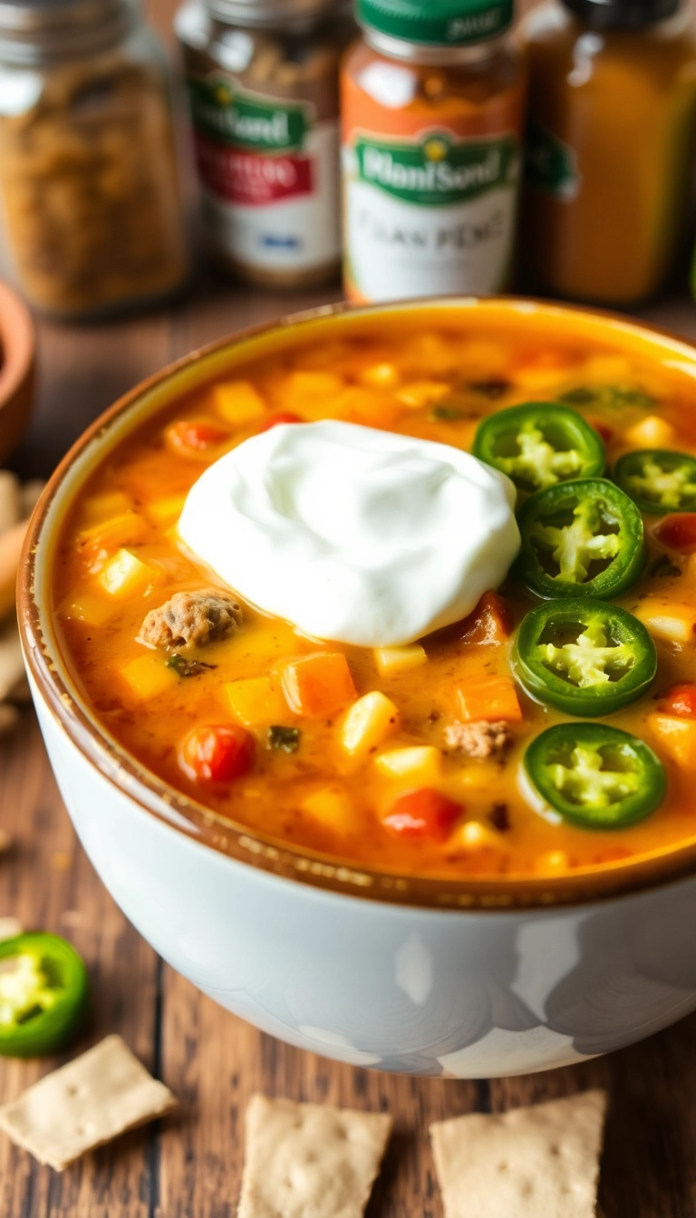 35 Cheeseburger Soup Crockpot Ideas That Will Make Dinner a Breeze! - Spicy Jalapeño Cheeseburger Soup