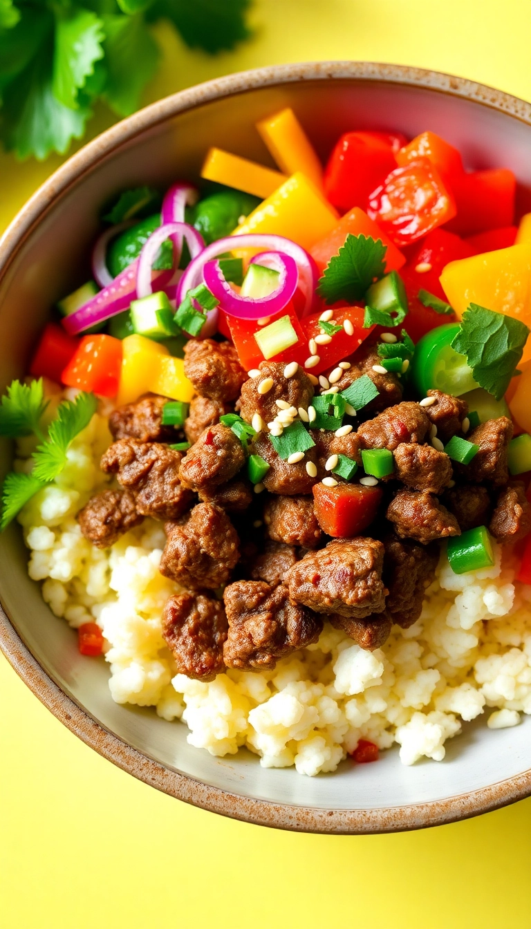 27 Healthy Ground Beef Meals You Can Feel Good About (Even #10 Is Guilt-Free!) - 14. Ground Beef and Cauliflower Rice Bowl