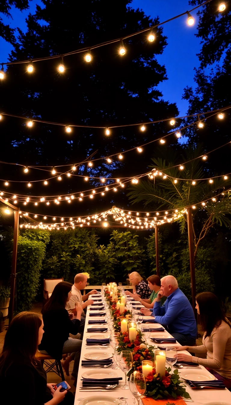 23 Friendsgiving Dinner Party Decor Ideas That'll Make Your Guests Swoon! - 5. String Light Canopy