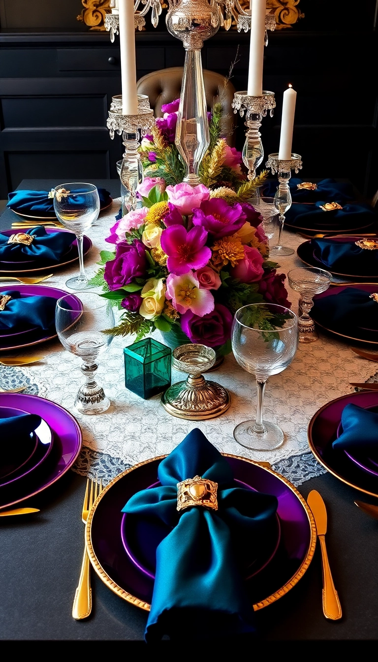 26 Stunning Thanksgiving Dinner Table Setting Ideas That Will Elevate Your Holiday Experience! - 5. Glamorous Jewel Tones